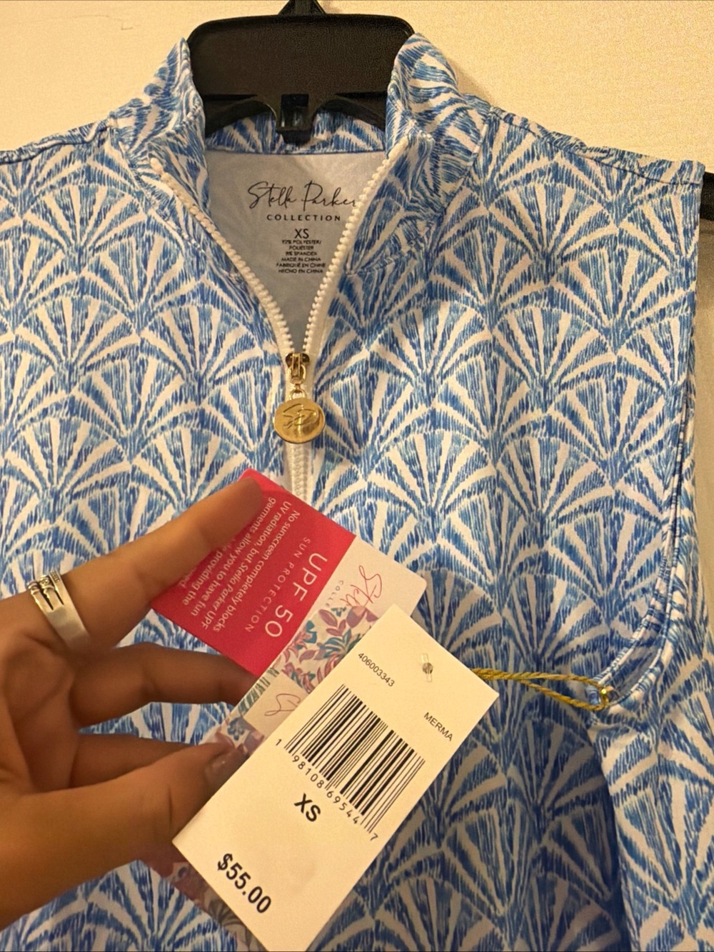 Stella Parker XS Dress Blue Shells Sleeveless Mock  Quarter Zip UPF 50 $55 BB